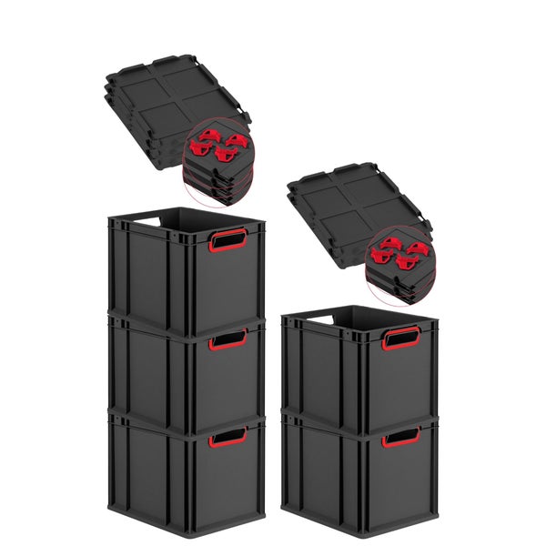 PROREGAL SparSet 5x Eurobox NextGen Color mit Auflagedeckel und Schiebeschnappverschlüsse, HxBxT 32x30x40cm, 30 Liter, Schwarz, Griffe rot offen, Eurobehälter, Transportbox, Transportbehälter, Stapelbehälter