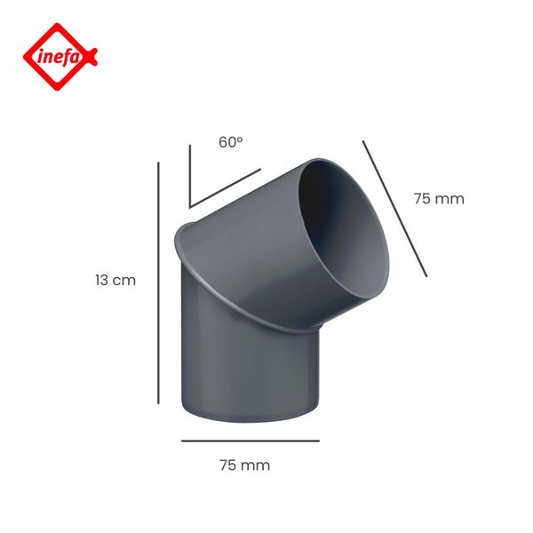 Inefa Logo. Grauer Regenrohrbogen aus Kunststoff, 60 Grad Winkel, Durchmesser 75 Millimeter, Höhe 13 Zentimeter.