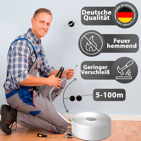 Elektriker verlegt feuerhemmendes Kabel aus deutscher Herstellung, geringer Verschleiß, verfügbar in 5 bis 100 Meter.