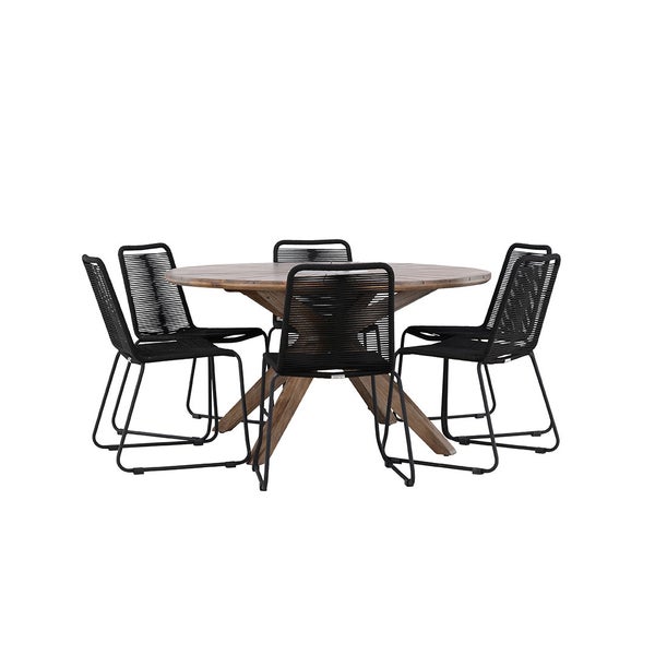Gartengarnitur mit rundem Holztisch und vier Stühlen mit schwarzem Seilgeflecht