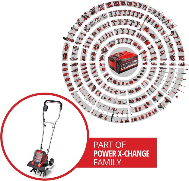 Einhell Akku-Bodenhacke als Teil des Power X-Change Akkusystems mit einer Vielzahl kompatibler Elektrowerkzeuge und Gartengeräte.