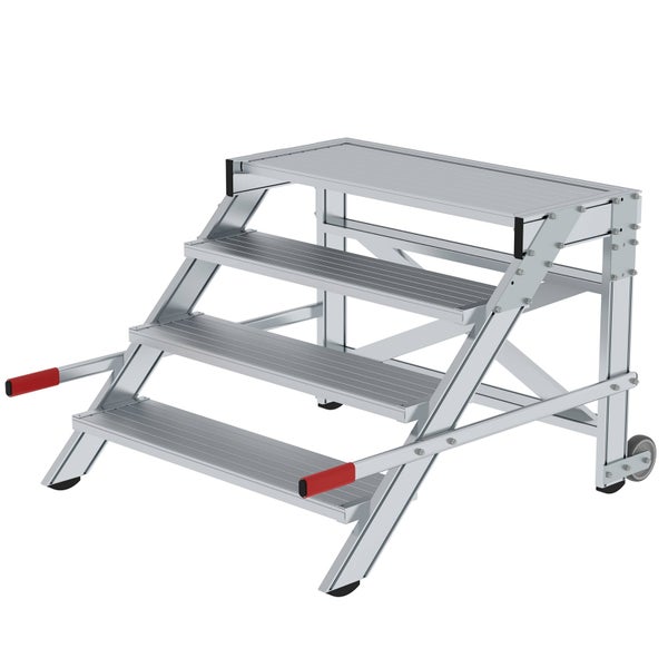 Aluminium-Montagetreppe mit vier Stufen, zwei roten Handgriffen und Rollen für den Transport.