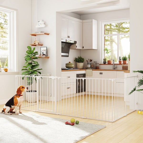 Weißes Metall-Schutzgitter für Hunde in einem hellen Wohnzimmer mit Küche. Ein Beagle sitzt vor dem Gitter auf einem hellen Teppich.