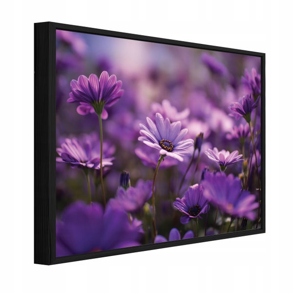 Wandbild mit lila Blüten in einem schwarzen Rahmen.