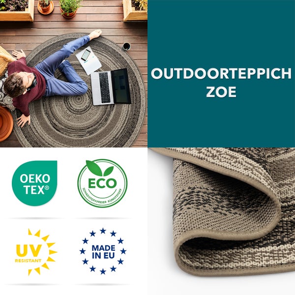 FLOORDIREKT Outdoorteppich - Wetterbeständiger Außenteppich - Zoe - Rund - Beige-Grau - ⌀120 cm