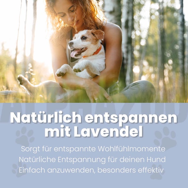 Frau umarmt Hund im Freien für entspannte Momente mit Lavendel