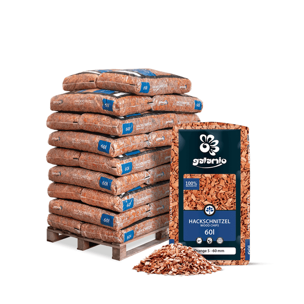 Galamio Hackschnitzel aus Kiefernholz, 5 bis 60 Millimeter Körnung, 60 Liter Sack auf Palette.