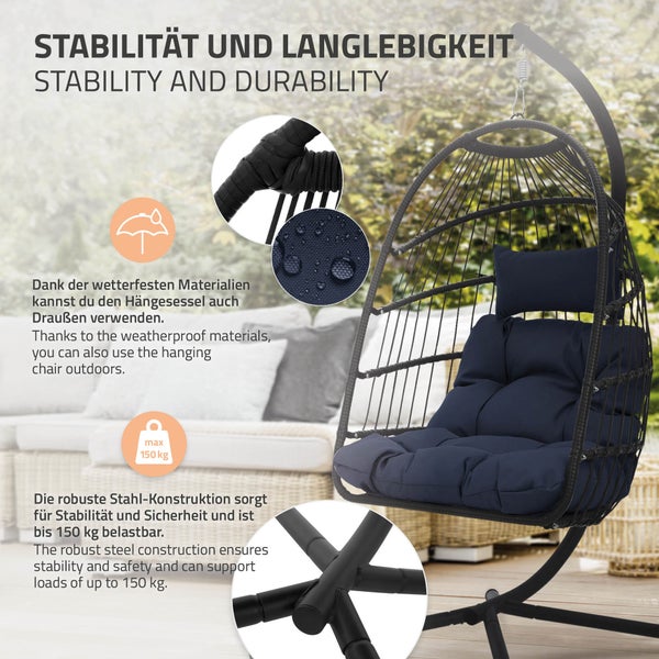 ECD Germany Hängesessel mit Gestell und Kissen + Deckenhalterung, Navyblau, Rattan-Optik, Stahl, höhenverstellbar & faltbar, Indoor/Outdoor, Hängestuhl Hängekorb Hängeschaukel Hängesitz, für Garten
