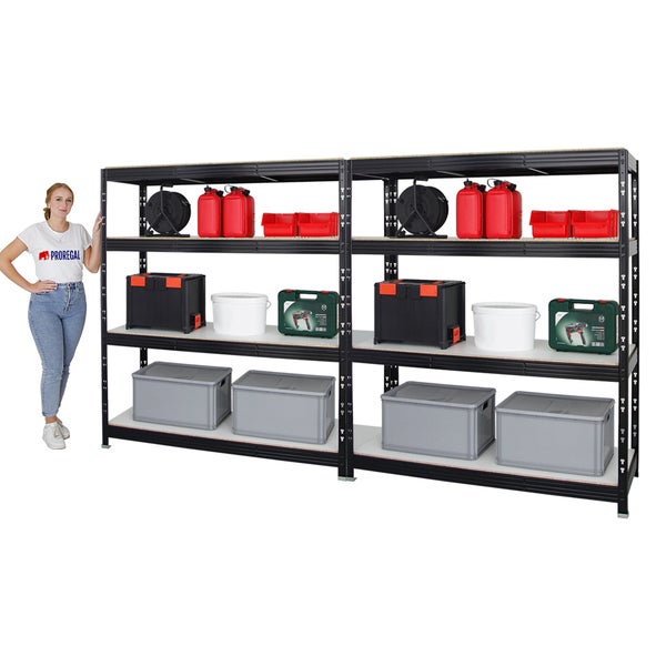 PROREGAL Mega Deal 2x Profi Schwerlastregal Rhino HxBxT 180 x 160 x 60 cm 4 Melamin-Ebenen 16mm Fachlast 500 kg Schwarz