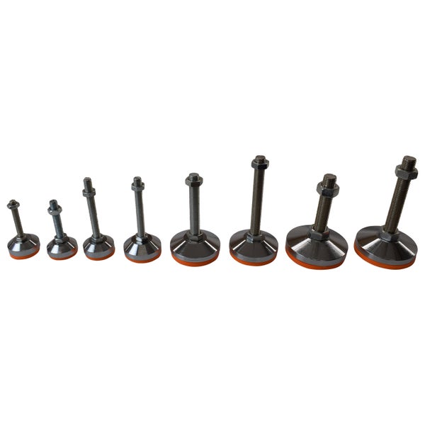 Acht verstellbare Stellfüße aus Metall mit orangefarbenem Standfuß in verschiedenen Größen.