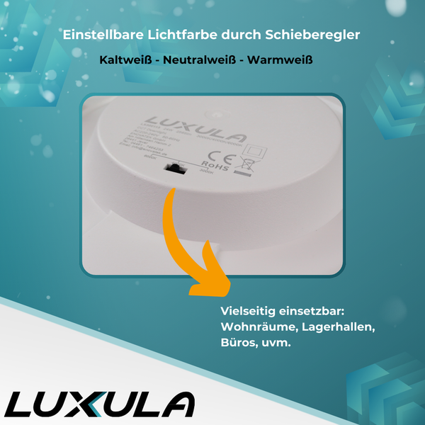 Detailansicht einer LUXULA-Leuchte mit einstellbarer Lichtfarbe durch Schieberegler, geeignet für Wohnräume, Lagerhallen und Büros.