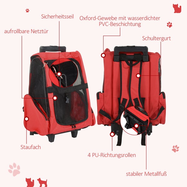 PawHut Tragetasche, L 42 x B 25 x H 55 cm, Oxford-Gewebe, Stahl, Rot+Schwarz