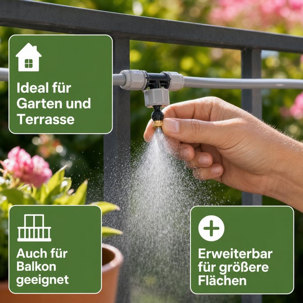 Eine Hand justiert eine Sprühdüse an einem Bewässerungssystem zur Verwendung auf Balkon und Terrasse.
