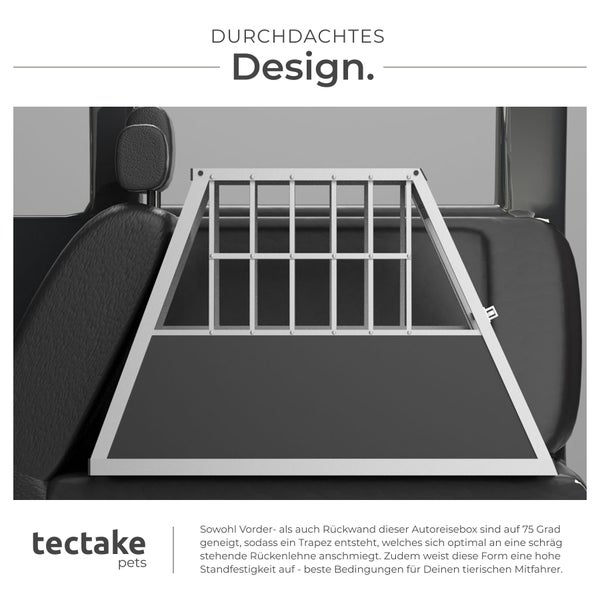 Tectake Logo. Autotransportbox im Innenraum eines Autos.