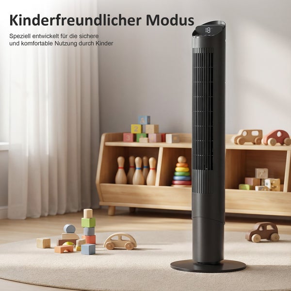 Schwarzer Turmventilator mit Digitalanzeige von 18 Grad im Kinderzimmer, Fokus auf den kinderfreundlichen Modus für eine sichere Verwendung.