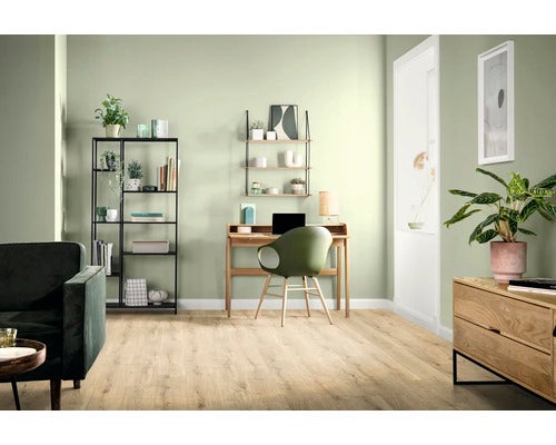 Helles Wohnzimmer mit Bücherregal, Schreibtisch und Sofa