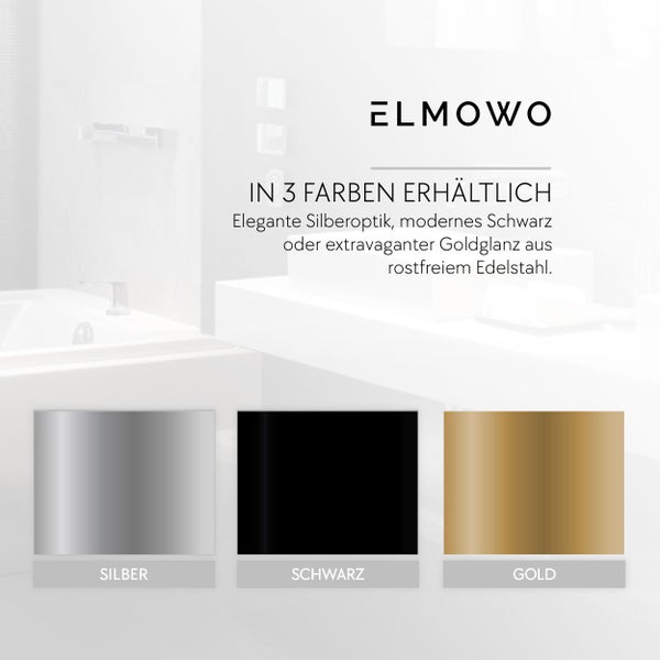 Elmowo Badezimmer Zubehör aus rostfreiem Edelstahl erhaeltlich in Silber, Schwarz und Gold.