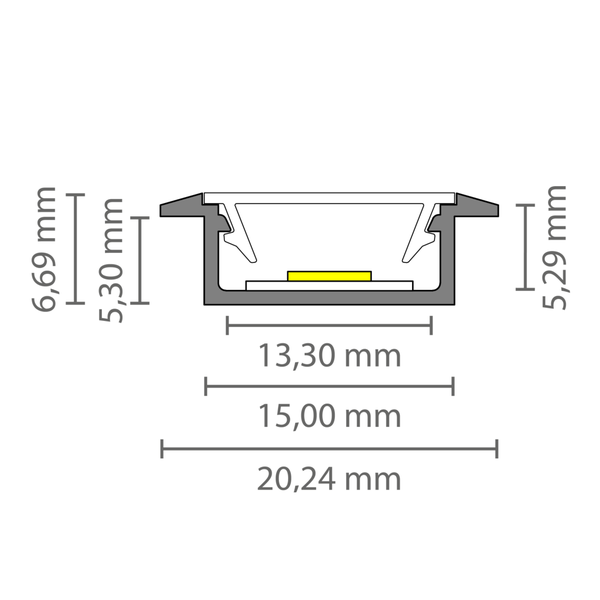 TIVENDIS Led Alu Profil 2 m EF2 Komplett Set für Strip / Streifen bis 12 mm breit | Abdeckung satiniert milchig, Endkappen |  Einbau Fußleisten Flachprofil eloxiert