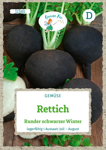 Samentüte für Rettich Runder schwarzer Winter mit Abbildung von runden, schwarzen Rettichen mit weißem Fruchtfleisch und Grüne Fee Logo.