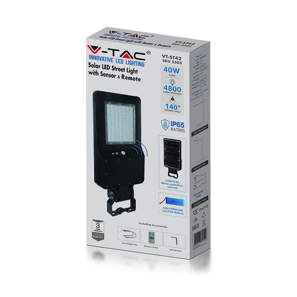 V-TAC Solar LED Straßenlaterne mit Sensor und Fernbedienung in Produktverpackung