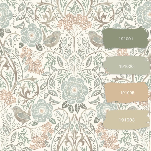 Tapete mit Vogel-, Blumen- und Pflanzenmuster sowie Farbfeldern zur Farbauswahl