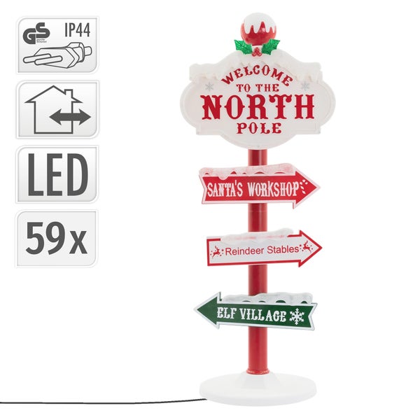 ECD Germany LED Weihnachtsdeko Wegweiser 95cm, 59 bunte LEDs, Nordpol Schild mit 4 beschrifteten Planken, Innen/Außen, Wetterfest, Garten Deko Weihnachten aus Kunststoff, Richtungsweiser beleuchtet