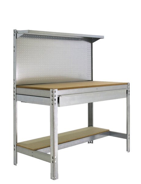 Werkbank aus Metall mit Arbeitsplatte aus Holz, Schublade, Lochwand und Ablagefach.