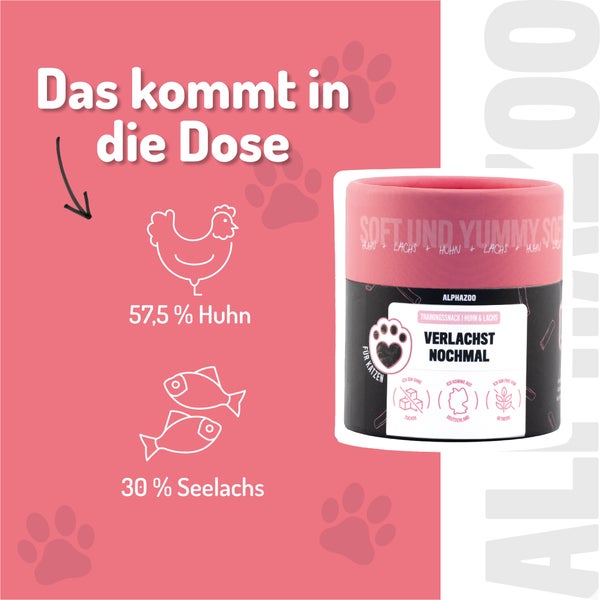 Katzen-Snackdose mit Huhn und Lachs, ohne Zuckerzusatz und Getreide, hergestellt in Deutschland.