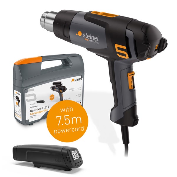 Detailansichten der Funktionen eines Heissluftgeräts, einschliesslich optimierter Gewichtsverteilung, stufenloser Temperatureinstellung, dreistufigem Gebläse und Aufhängevorrichtung