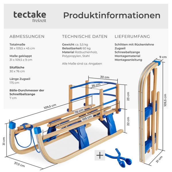 Holzschlitten tectake Vivian 38 x 109,5 x 45 cm, Belastbarkeit 130 kg klappbar, mit Rückenlehne braun