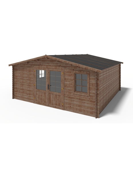 Gartenhaus aus Holz mit Doppeltür, Sprossenfenster und Satteldach.
