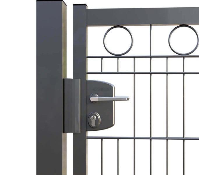 Zauntür ZAUNGURU BASIC-Linie Berlin Kreis aus Metall, Höhe: 123cm, Breite: 150cm, 1-flügelig inkl. Pfosten, Schloss und Zubehör, Feuerverzinkt und zusätzlich in RAL 7016 Anthrazitgrau pulverbeschichtet
