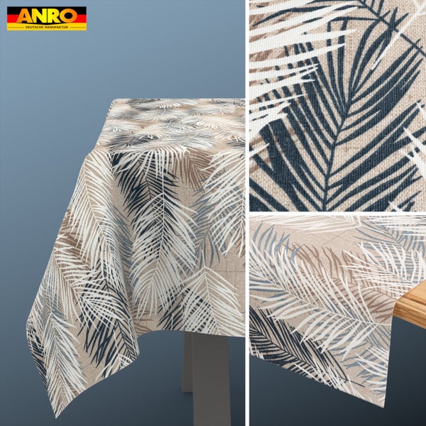 Abwaschbare Tischdecke mit Palmenblatt-Muster und Textur in Leinenoptik. ANRO Logo.