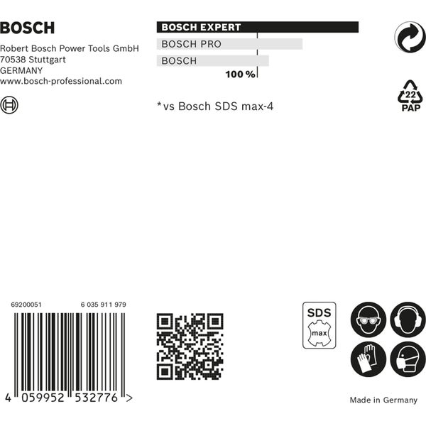 Bosch Logo mit Firmeninformationen und Sicherheitssymbolen