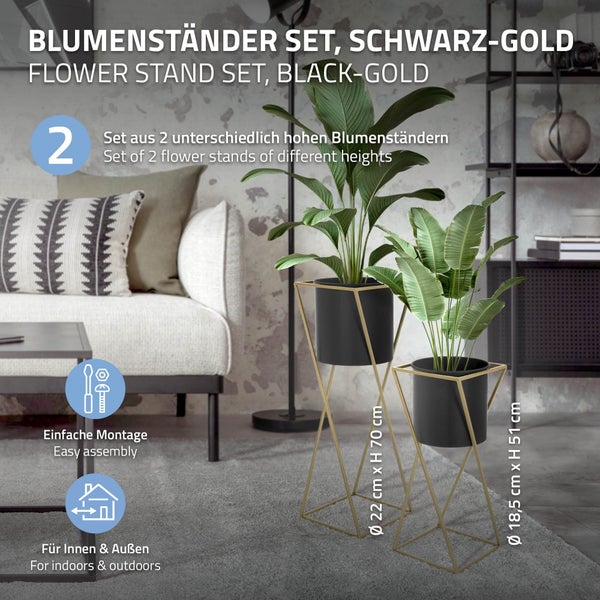 ML-Design Blumenständer 2er Set, Schwarz-Gold, 21x21x51/24x24x70,5 cm, Stahl, Blumentopfständer mit Übertopf, Metall Pflanzenständer, Blumentopfhalter 2-tlg, Pflanztopf Deko Blumensäule Blumenhocker