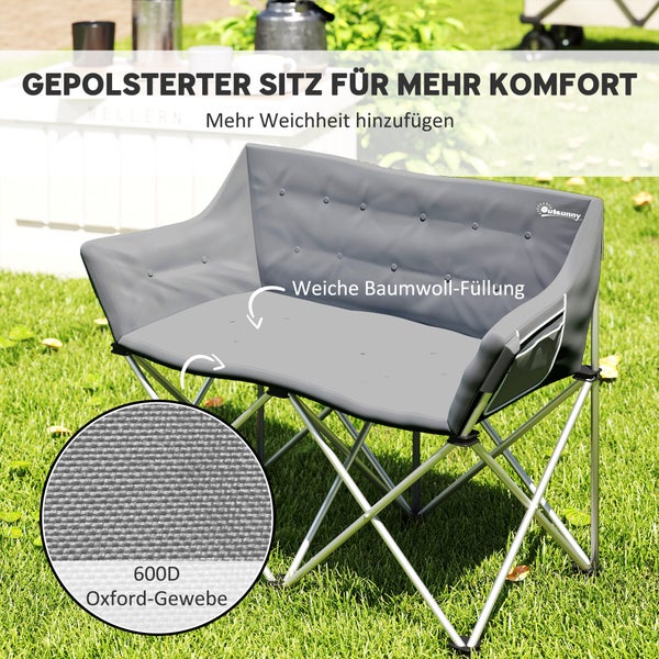 Outsunny Faltstuhl 2 Sitzer faltbar Campingstuhl mit Armlehnen Seitentasche Outdoor Klappstuhl bis 240kg belastbar leicht gepolstert Angelstuhl Gartenstuhl für Garten Camping Strand