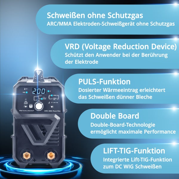 STAHLWERK Schweißgerät ARC 200 Puls Pro MMA E Hand Lift TIG Pulsfunktion 200 A