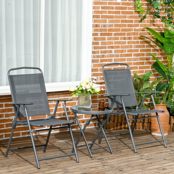 Outsunny Bistro-Set 3-teilig aus Metall Wetterfest Gartenmöbel Set mit klappbar Glastisch Gartenstühlen Outdoor Balkonmöbel Set Sitzgruppe Balkonset Gartengarnitur Dunkelgrau