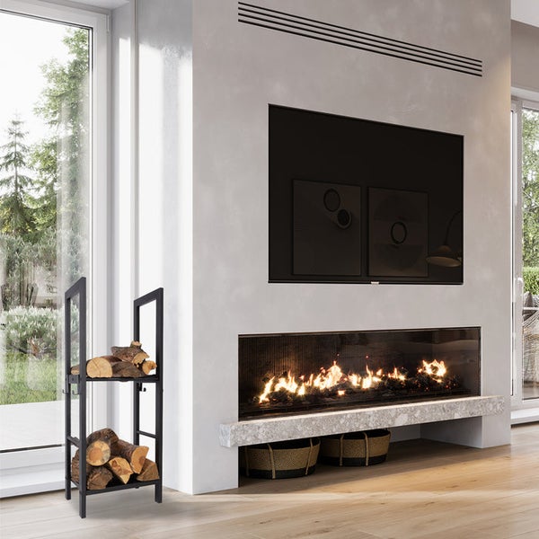 FLOORDIREKT Kaminholzregal Korfu - Schwarz - Modernes Brennholzregal mit 2 Ebenen - für Innen und Außen - 40 x 100 x 30 cm