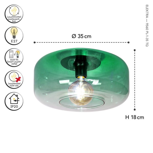Grüne Glas-Deckenleuchte, Durchmesser 35 Zentimeter, Höhe 18 Zentimeter, E27 Fassung, IP20, für Smart-Leuchtmittel geeignet, ohne Leuchtmittel.