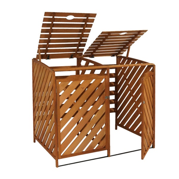 Doppel-Mülltonnenbox aus Holz mit zwei Klappdeckeln und zwei Türen