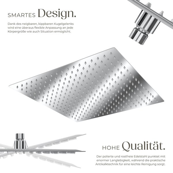 Quadratischer Regenduschkopf aus poliertem Edelstahl mit neigbarem Kugelgelenk und Antikalk-Noppen.