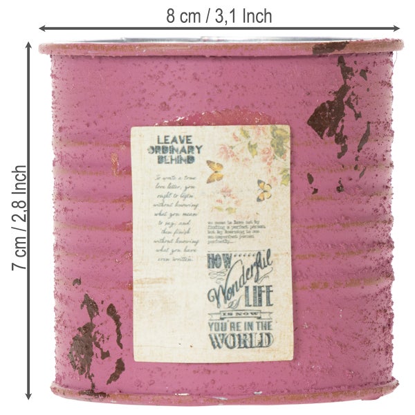 Rosa Metalltopf im Vintage-Stil mit Etikett, Höhe 7 Zentimeter, Durchmesser 8 Zentimeter.