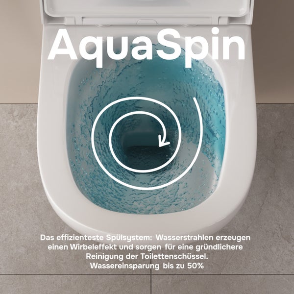 AquaSpin Spülsystem für Toiletten mit wirbelförmiger Wasserspülung für effiziente Reinigung und Wassereinsparung von bis zu 50 Prozent.