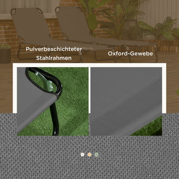 Gartenliegen mit pulverbeschichtetem Stahlrahmen und Oxford-Gewebe sowie Detailansichten der Materialstruktur.