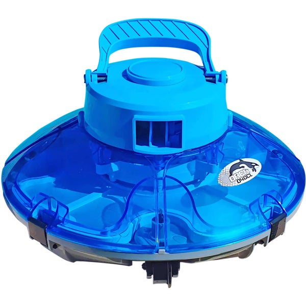 Blauer akkubetriebener Poolroboter Orca 040CL zur Bodenreinigung von Schwimmbecken mit Tragegriff, transparentem Gehäuse und Orca Logo.