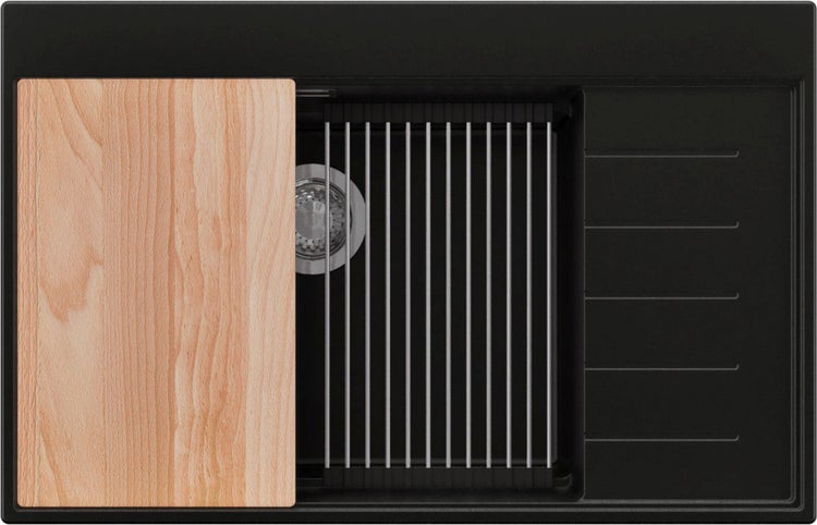 Spüle mit Abtropffläche, Schneidebrett und Abtropfgitter