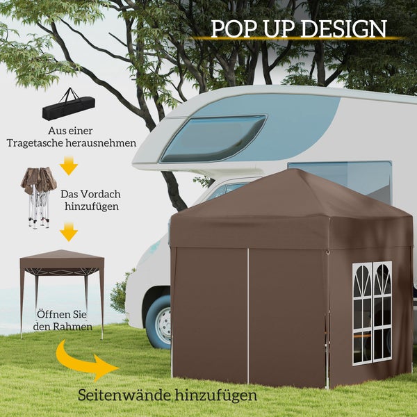 Outsunny Pavillon 2x2m Wasserdicht, Pop-up Faltpavillon mit 4 Seitenwänden, Abflusslöcher Fenster, faltbar Partyzelt UV 30+, Gartenzelt mit Tragetasche, Gartenpavillon für Terrasse, Braun