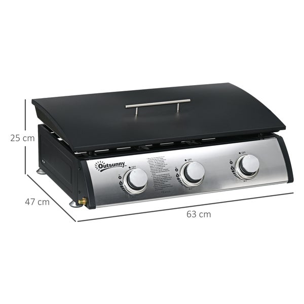 Outsunny Gasgrill mit drei Brennern, Edelstahlfront und schwarzem Deckel, Maße 63 mal 47 mal 25 Zentimeter.