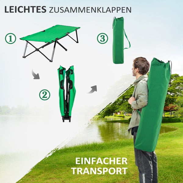 Outsunny Campingbett Feldbett Klappbett klappbar mit Seitentasche Getränkehalter bis 136 kg belastbar Stahl Oxford Grün+Schwarz 190 x 65 x 40 cm